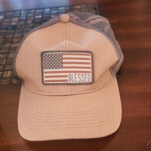 Patriotic Tan and Gray Cap with 'Blessed' Flag Patch